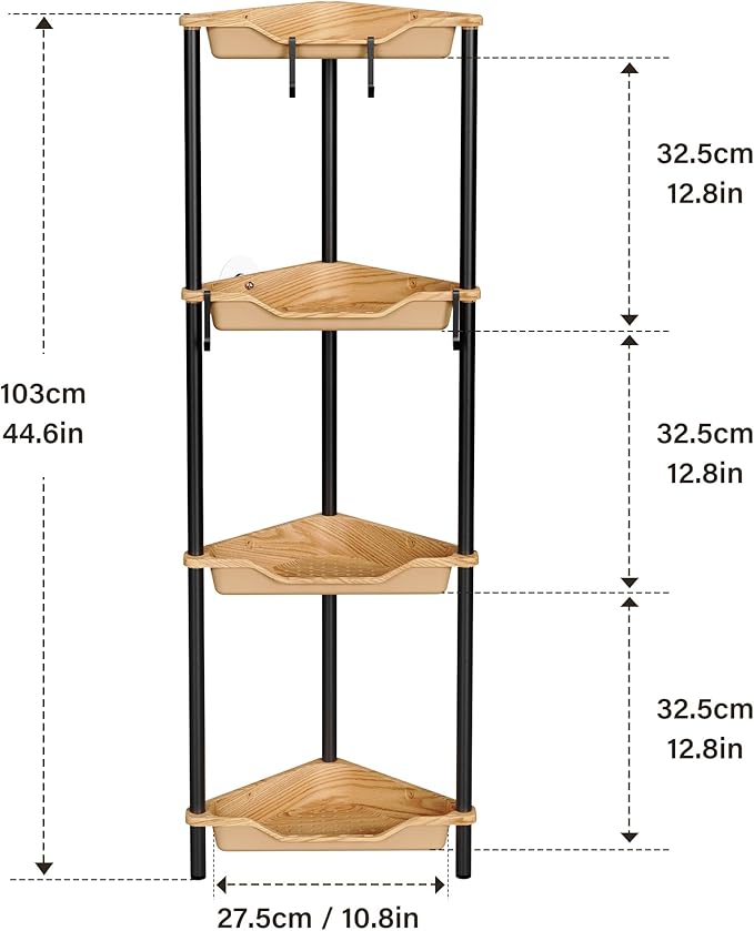 Orimade Rustproof 4 Tier Floor Standing Corner Shower Caddy Organizer, Plastic Metal Splicing Floor Corner Shelf Rack Storage Stands for Bathroom, Wood Grain Surface