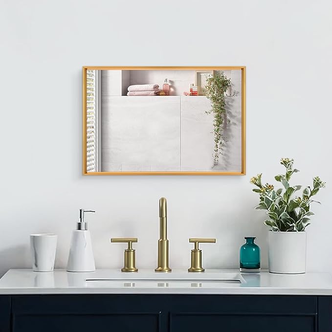 AAZZKANG Bathroom Mirror Rectangular Decorative Metal Mirrors for Wall with Frame Bedroom Living Room Home Decor Gold 20"x16"