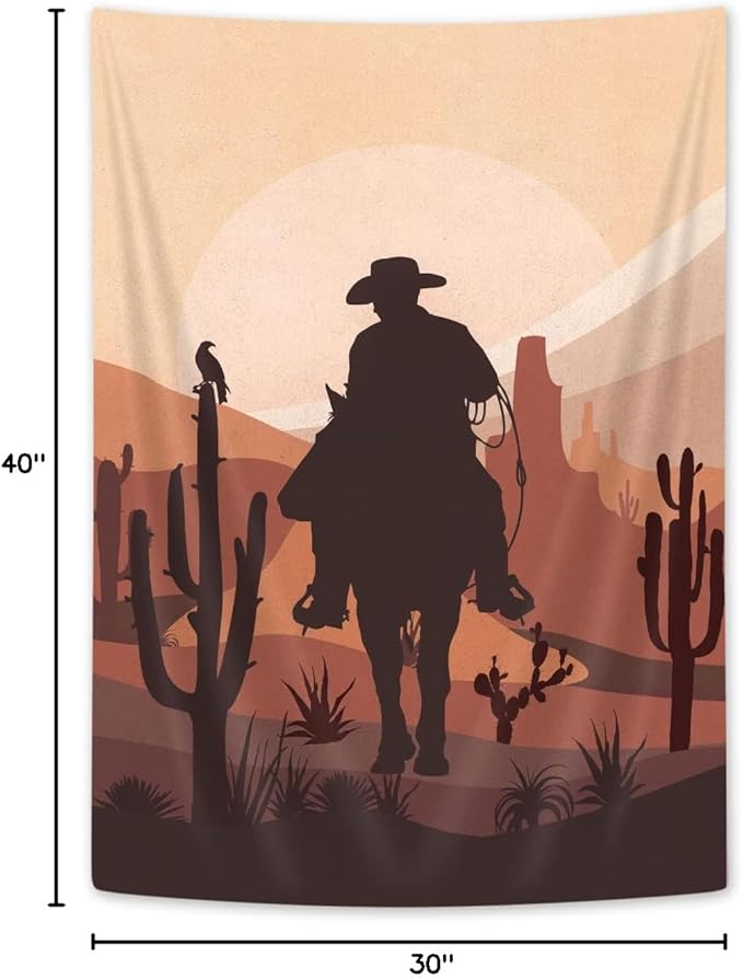 Western Cowboy Tapestry, Country Themed Clipart Illustration Cowboy Riding in Desert Wild West, Mid Century Modern Cactus Moon Bohemian Tapestry Wall Hanging Bedroom Living Room Dorm, 30X40IN