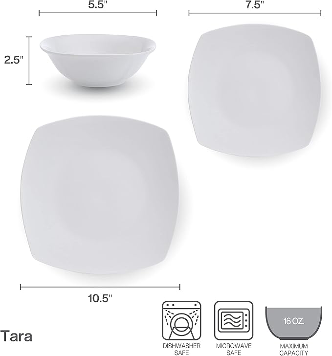 Studio Nova Tara 12 Piece Square Dinnerware Set, Service for 4, White