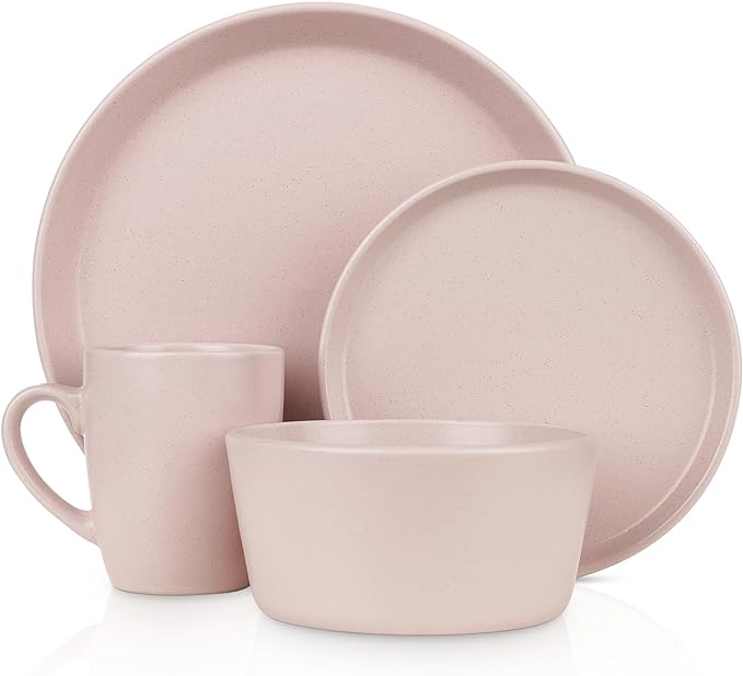 Stone Lain Albie Stoneware 16-Piece Modern Dinnerware Set, Kitchen Plates and Bowls Sets, Dish Set for 4, Pink