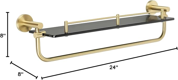 Alise Bathroom Shelves Glass Shelf with Bar,Wall Mount Floating Shelves for Bathroom,Tempered Glass Rack Holder Storage Organizer,GDL8600-GB SUS 304 Stainless Steel Gold and Black Finish