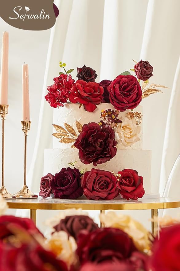 Serwalin Artificial Flowers Burgundy Pink Flowers Fake Wedding Flowers Cake Flowers for DIY Wedding Bouquets Bridal Shower Centerpieces Floral Arrangements Party Decor