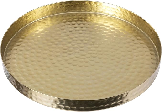 MyGift 11 Inch Deluxe Hammered Brass Round Decorative Tray - Aluminum Plated Serving Display Platter, Centerpieces and Vanity Tray - Handcrafted in India