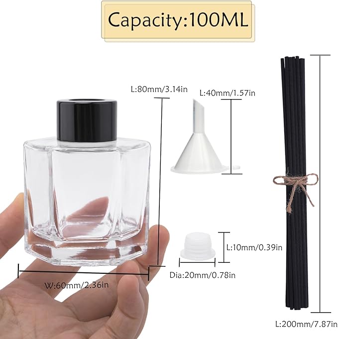 4PCS Glass Reed Diffuser Bottle Empty Diffuser Jars with Black Caps and Sticks Set 100ML 3.52Ounce Fragrance Accessories Use for DIY Essential Oils Home Fragrance