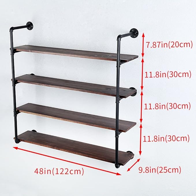 Industrial Pipe Shelving Wall Mounted,48in Rustic Metal Floating Shelves,Steampunk Real Wood Book Shelves,Wall Shelf Unit Bookshelf Hanging Wall Shelves,Farmhouse Kitchen Bar Shelving(4 Tier)