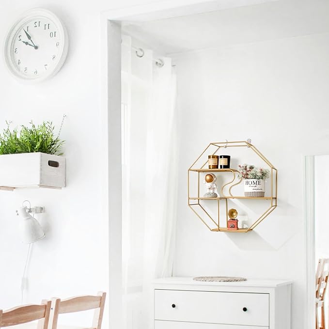Gold Octagon Wall Mounted Metal Floating 3 Tier Shelf, Geometric Wall Shelves with Wire Frame and Wood Partition, Modern Simple Honeycomb Display Shelves Boho Decor for Bedroom, Living Room, Office