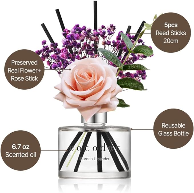 COCODOR Rose Flower Reed Diffuser/Lovely Peony/6.7oz(200ml)/1 Pack/Reed Diffuser, Reed Diffuser Set, Oil Diffuser & Reed Diffuser Sticks, Home Decor & Office Decor, Fragrance and Gifts