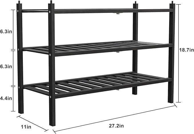 Shoe Rack, 3-Tier Bamboo Stackable Shelf Storage Organizer, Stand for Closet, Entryway, Hallway, Bathroom and Living Room(Black)