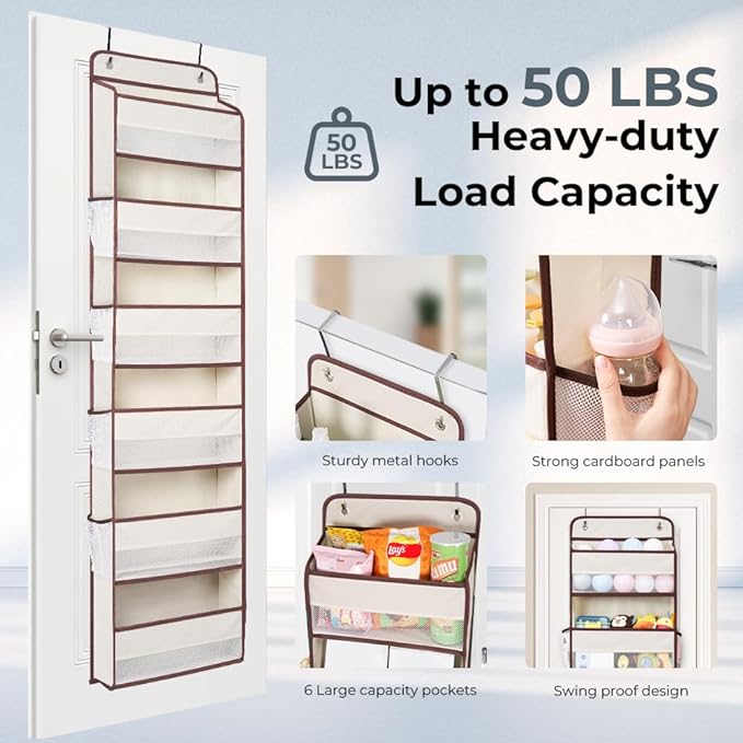 Over the Door Organizer, 6 Shelf 50 lbs Load door organizer hanging, No Tilt Closet Organizers and Storage for Bathroom, Bedroom Nursery Newborn, baby necessities, kitchen, craft storage