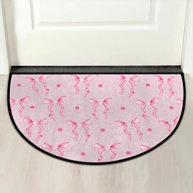 Half Round Doormat Pink Bow Rug Valentine's Day Decorative Mats Half Moon Kitchen Mat Cute Bathroom Rug Washable for Living Room Bedroom Decorative Gift