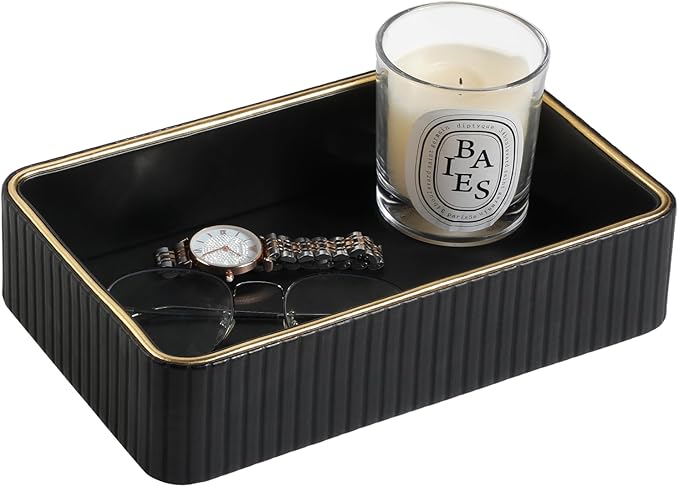 Desk Organizer Tray, PU Leather Valet Tray Nightstand Organizer Cologne Perfume Tray for Men Women, Decorative Vanity Tray Key Bowl Trinket Dish Bathroom Bedroom Accessories (Black)