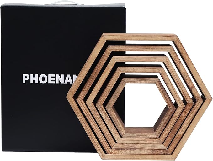PHOENANCEE Hexagon Floating Shelves,Honeycomb Shelf Set of 5,Octagon Shelves Wall Mounted Hanging Storage Cube Wood for Bathroom Kitchen Bedroom Living Room Office Home