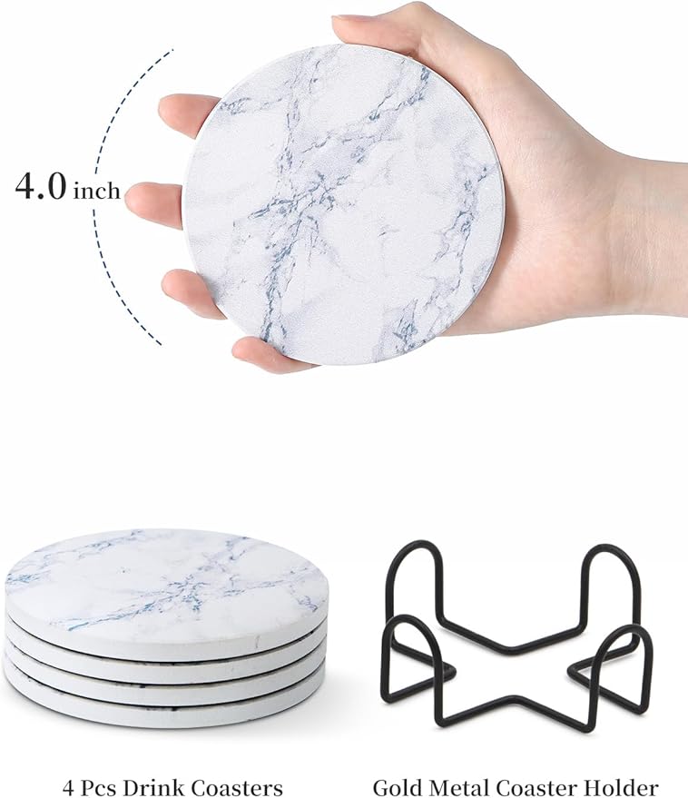 LIFVER Absorbent Coaster Sets of 4, Drink Coasters with Holder, White Marble Style Ceramic Drink Coaster for Tabletop Protection, Suitable for Kinds of Cups and Wooden Table, Cool Home Decor, 4 Inches