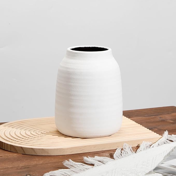 Briful 7.1in Rustic Shabby Ivory Ceramic Vase, Vintage Farmhouse Decor, Whitewashed Terra Cotta Antique Pottery Pampas Vases for Home Living Room Kitchen Mantel Table Shelf Decorations