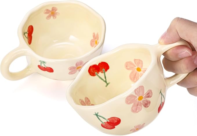 Yopay 2 Pack Ceramic Coffee Mug, 8oz Handmade Hot Chocolate Mugs, Cute Cup for Girl Microwave Safe, Aesthetic Tea Milk Cup with Handle for Latte, Cocoa, Gift, Mom(Cherry flower)