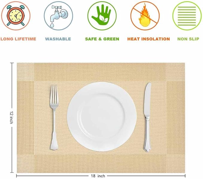 GIVERARE Placemats Set of 4, Heat-Resistant Woven Vinyl Placemat, Non-Slip Washable PVC Table Mat, Easy to Clean Premium Plastic Mats for Dining, Kitchen Table (Golden)