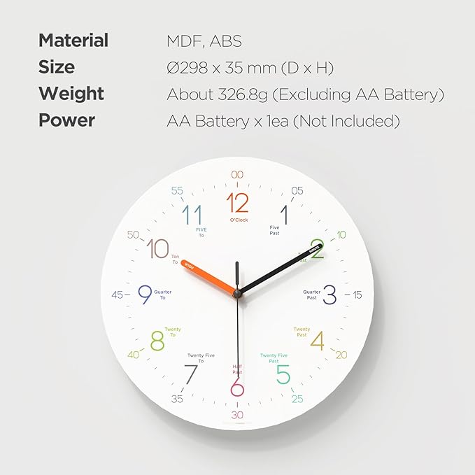 mooas Kids Easy Learning Flatwood Wall Clock,12" Wood Clock for Kids Learning Non-Ticking Sweep Movement Decorative Clock Battery Operated Wall Clock for Home Living Room Bedroom School