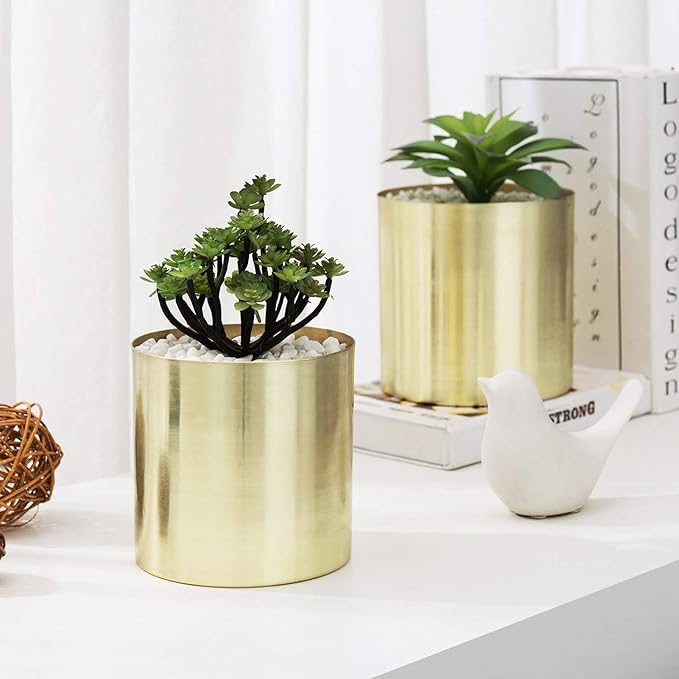MyGift Modern Brushed Brass Plated Indoor Plant Pot, Cylindrical Metal Vase, 5 and 6 Inch, Set of 2 - Handcrafted in India