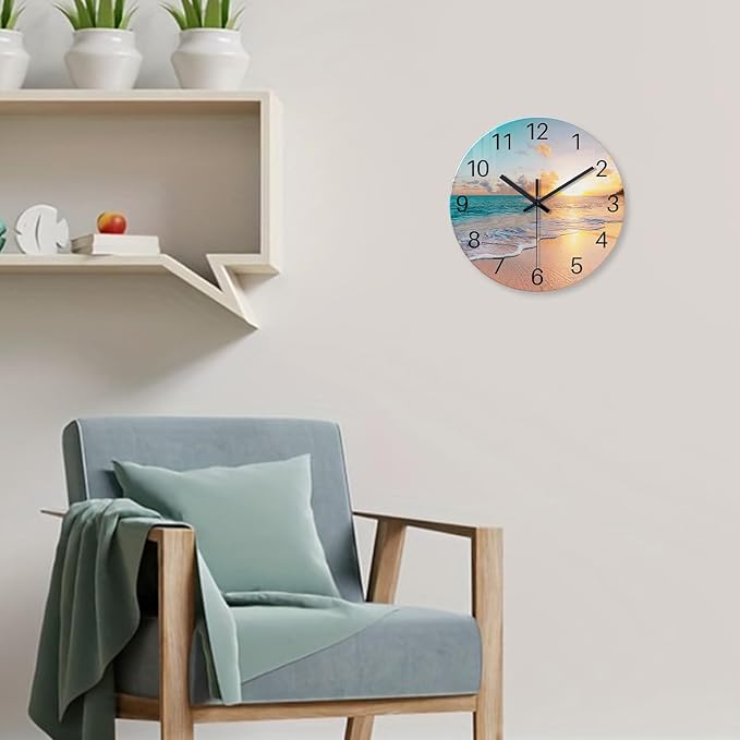 Analog Round Wall Clock for Living Room Decor Glass Blue Wall Clock Silent Beach Coastal Wall Clock Battery Operated 14 Inch
