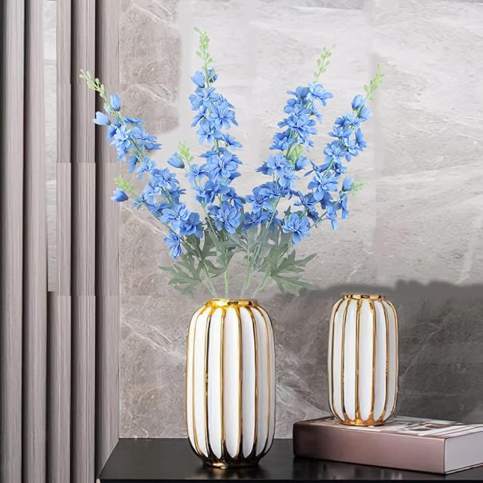 FERIAL Blue Silk Larkspur Flowers 4pcs Artificial Delphinium Faux Snapdragon Long Stem Fake Plant Spray Arrangement for Home Decor Indoor Outdoor Office Garden Wedding Table Vase Decor (Blue)