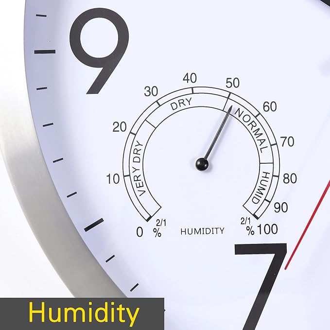 12 Inch Wall Clock with Temperature & Humidity, Battery Operated Aluminum Frame Wall Clocks, Sweep Silent Movement Accurate Clocks for Home Housewarming Xmas New Year Present