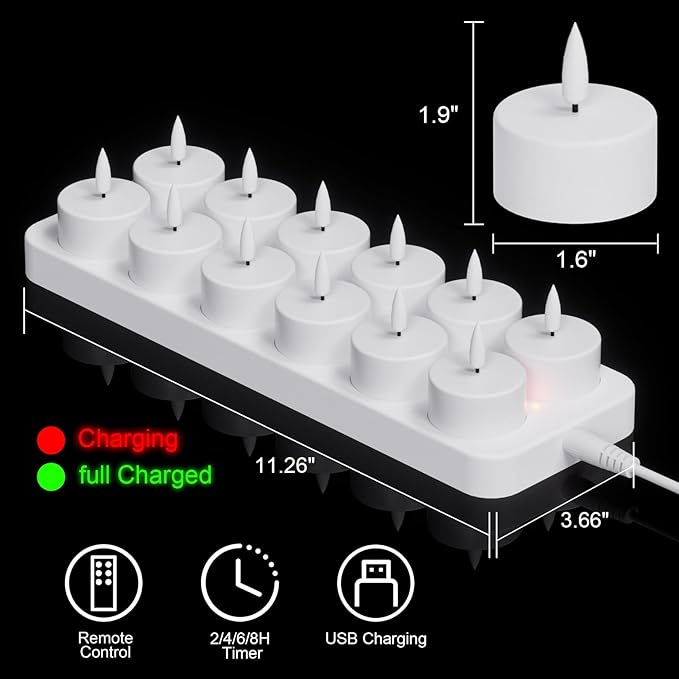 DRomance Rechargeable Flameless Votive Candles with Remote and Timer, 12 Pcs Battery Operated Flickering White Plastic LED Tea Light Candles Charge Base Halloween Christmas Holiday Decor(1.6" x 1.9")
