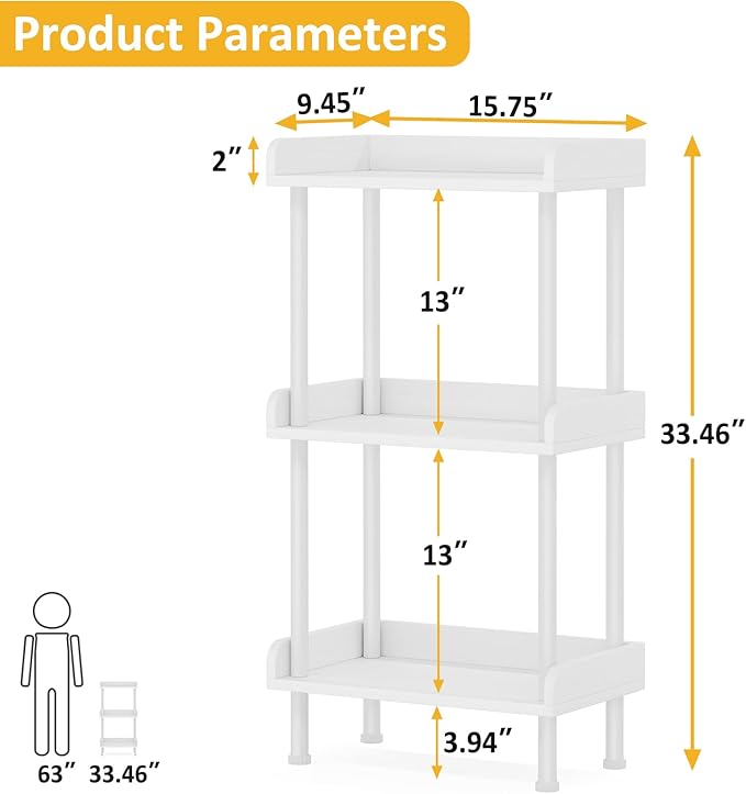 Hosfais 3 Tier Wood Bookcase Industrial Bookshelf with Edge Protection Metal Standing Book Shelves Display Book Rack for Living Room Bedroom Home Office (White)