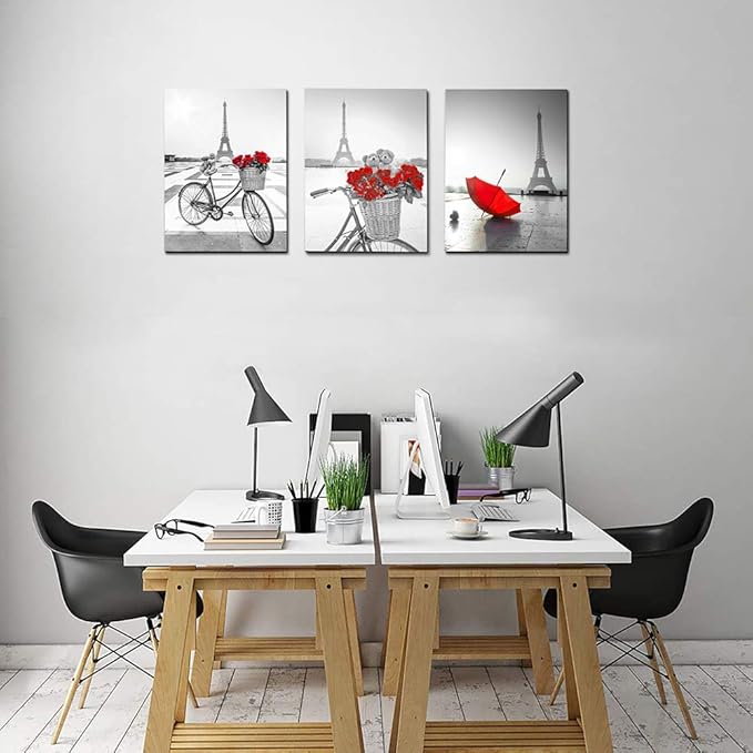 red Flowers 3 Piece Canvas Print Wall Art for Living Room Bathroom Decorations Bedroom Wall decor modern Eiffel Tower umbrella Office Home Decoration wall paintings Black and white bicycle landscape