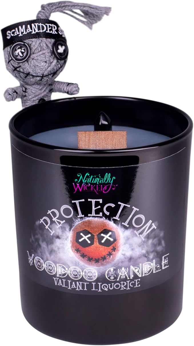 Naturally Wicked Voodoo Protection Candle Set - Inc. Voodoo Doll, Crystal, Wood Wick, Valiant Liquorice Scent & Gift Box