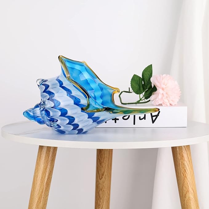 DOVDOV Hand Blown Glass Shell Decoration, Modern Art Glass Conch Statue, Blue and White Home Decorative Shells for Home Living Room, Coffee Table, TV Stand, entryway Entrance, Mantelpiece Decoration