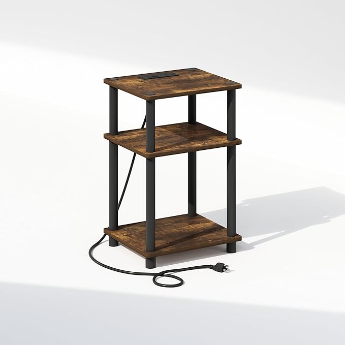 Furinno Just 3-Tier Turn-N-Tube Open Storage Nighstand, Bedside Table with USB and Type-C Charging Station, Amber Pine/Black