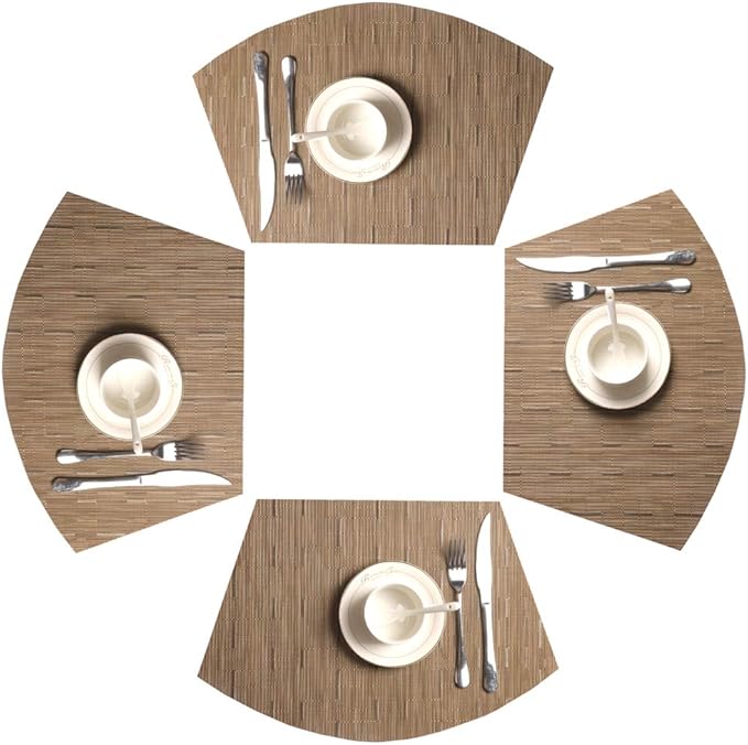 SHACOS Round Table Placemats Set of 4 Wedge Shape Woven Vinyl Place Mats Heat Resistant Wipe Clean Round Table Mats Home Table Decor (4, Tan)