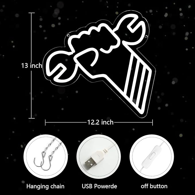 JFLLamp Wrench Garage Neon Signs for Wall Decor Neon Lights for Bedroom Led Business Signs Suitable for Garage Christmas Birthday Party Unique Gift for Lover, 5V Power Adapter, 12.2*13.1 Inch (White)
