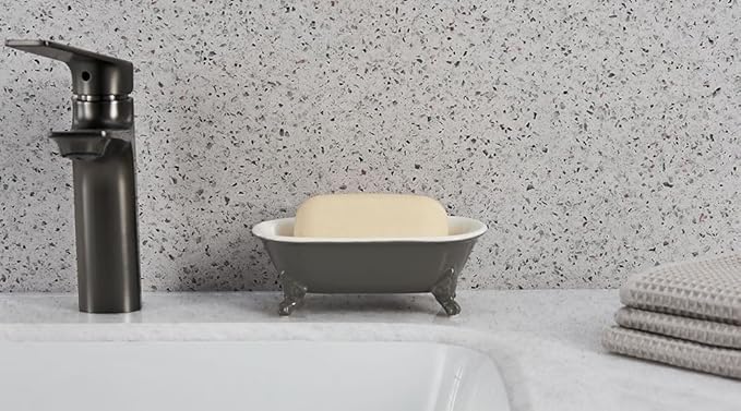 6.5" Ceramic Mini Decorative Clawfoot Bathtub Bar Soap Dish, Kitchen Sponge Holder and Shower Tray for Bathroom, 1 Pack(Stone Gray)