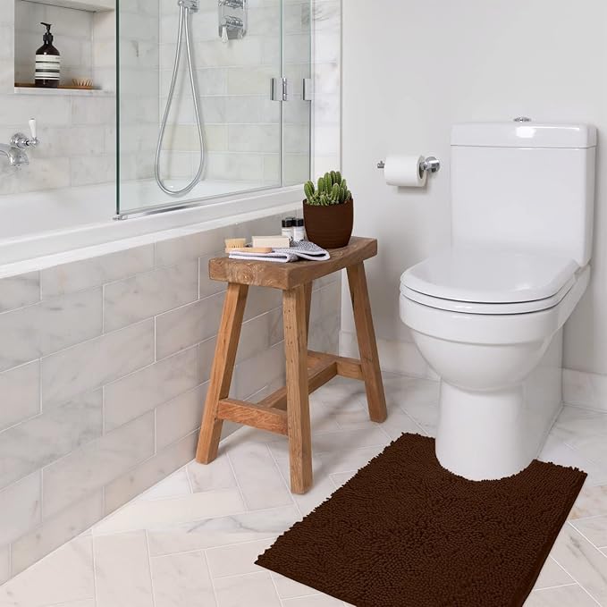 Bathroom Rugs Sets 2 Piece, Luxury Chenille Bath Mat Set, Soft Plush Anti-Slip Bath Rug + U-Shaped Toilet Mat. Microfiber Shaggy Carpet, Super Absorbent (24” x 36” & 20” x 24” U, Brown)