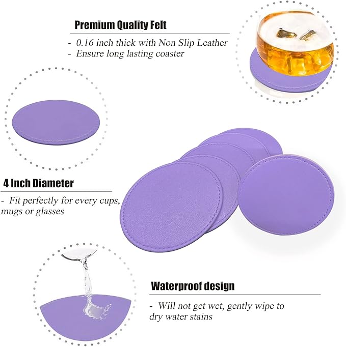 Coasters Set of 6 Soft Leather Drink Coaster Round Coaster with Sewing Around, Suitable for Various Cups, Wooden Tables,Home Decoration,4 Inches (Dark Purple,Sewing Type)