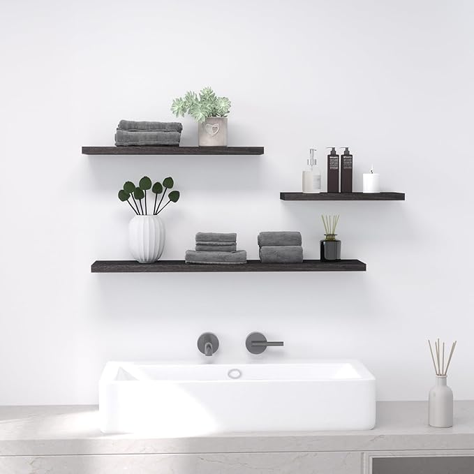 Floating Shelves 24 Inch Wall Shelf Solid Wood Mounted Storage for Bedroom Living Room Set of 3, Black Wall Shelves