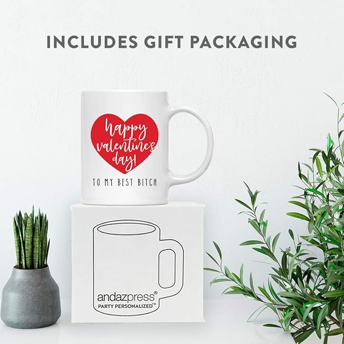 Andaz Press Valentine’s Day Funny 11oz. His Her Couples Coffee Mug Gift, Happy Valentine's Day! To My Best Bitch, Heart Graphic, 1-Pack, Gift Box