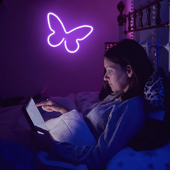 2 PCS Butterfly Neon Signs Purple Butterfly LED Neon Light for Bedroom,USB/3AA Battery Powered Neon Light Sign Wall Art for Valentines Day Birthday Wedding Party Home Bar Decorations