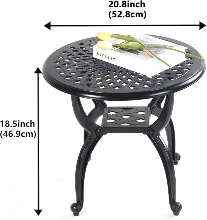Mandolin Outdoor Patio,Rust -Resistant Cast Aluminum Side Table,Weather Resistant End Table,Coffee Table, Perfect for Patio, Backyard Or Garden.W 20.8" X H18.5(Aluminum Round, Black)