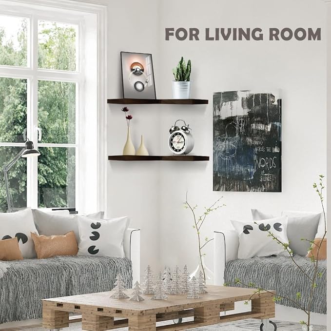 Natural Wood Set of 4 Wall Mount Bathroom Corner Shelves floating Corner Shelf L-shaped Floating Corner Shelves for Bedroom Kitchen Office Livingroom Rustic Corner Display Shelf Carbonized Black