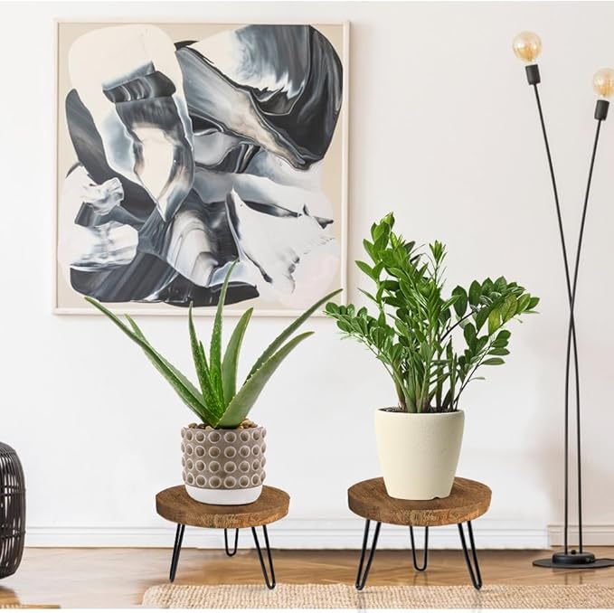OBTAIN Plant Stand Indoor Outdoor, Wooden plant Stool, Mid Century Plant Stand for Indoor Plants, Wood Modern Plant Holder Rattan Flower, Low Short Boho Rustic Planter Stand Fit 5-15 Inch Pot(M)