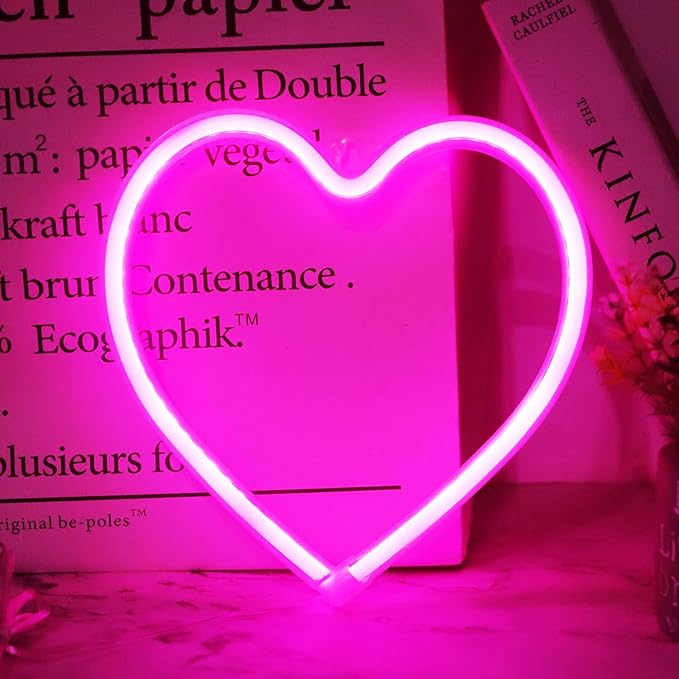 Pink Heart Neon Signs for Wall Deacor, LED Heart Lamp Battery Operated/USB Love Neon Lights for Bedroom, Mother's Day, Christmas, Valentine's Day Decorations-Pink