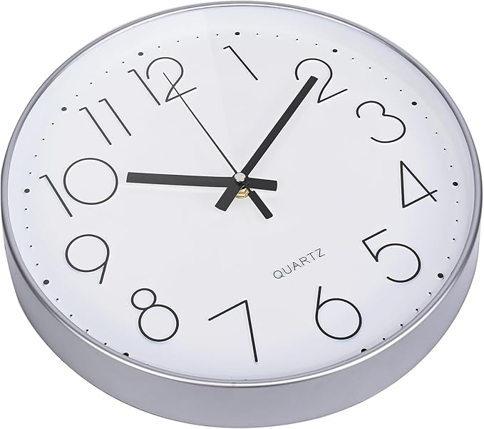 12 Inch Wall Clock Silent Non-Ticking Modern Clocks Battery Operated for Office, School (Silver)