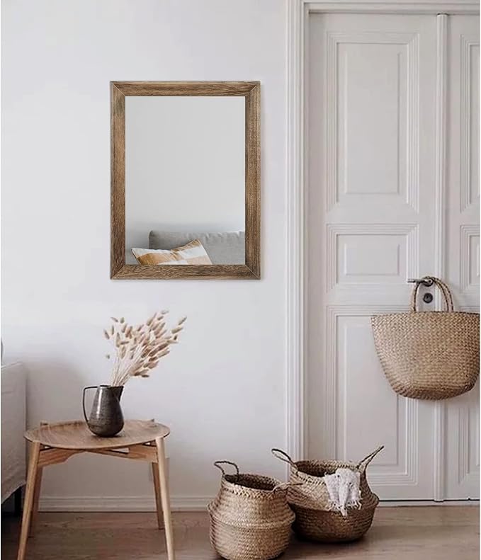 AAZZKANG Rustic Wood Mirror Rectangle Decorative Wall Mirrors with Frame Large 20"x16"for Bedroom Living Room Bathroom Entryway Hanging Brown
