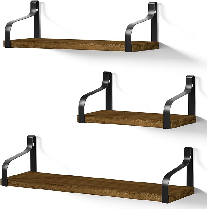 Love-KANKEI Floating Storage Wall Shelves Mounted Set of 3, Rustic Wood for Bedroom, Living Room, Bathroom, Kitchen and More Light Walnut