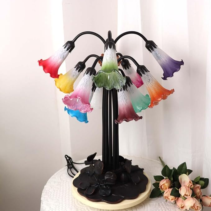 Bieye L10952 Lily Flower Blown Glass Accent Table Lamp for Living Room Bedroom Decoration (Multicolor, 12-Light)