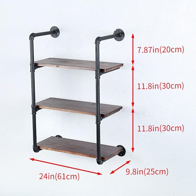Industrial Pipe Shelving Wall Mounted,24in Rustic Metal Floating Shelves,Steampunk Real Wood Book Shelves,Wall Shelf Unit Bookshelf Hanging Wall Shelves,Farmhouse Kitchen Bar Shelving(3 Tier)