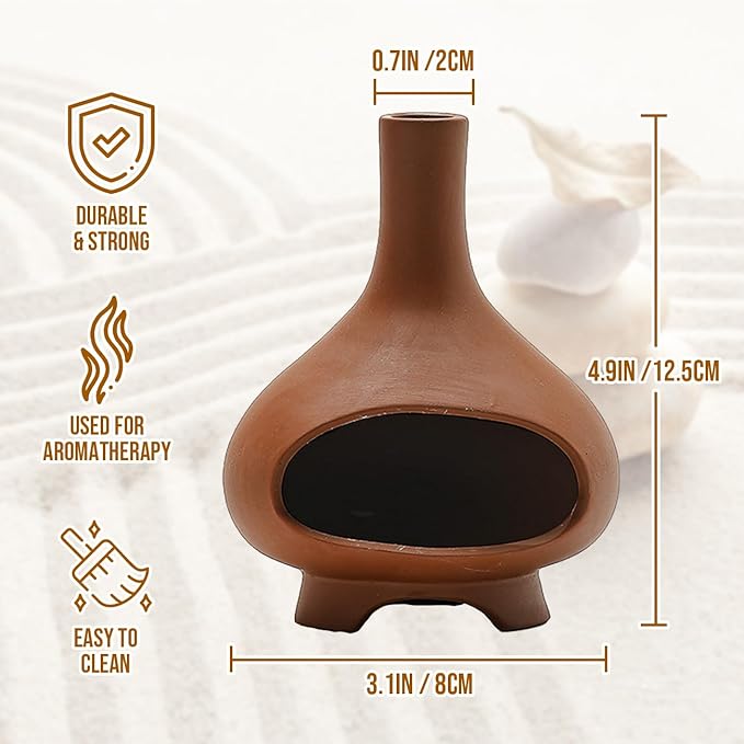 Palo Santo Holder Handmade Ceramics Incense Burner Chimney Dish Smudge Bowl for Palo Santo Sticks Sage Bundles with Brush(Brown) (Combustion Furnace)